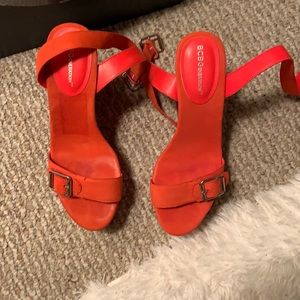 Orange buckle wedge heel sandals